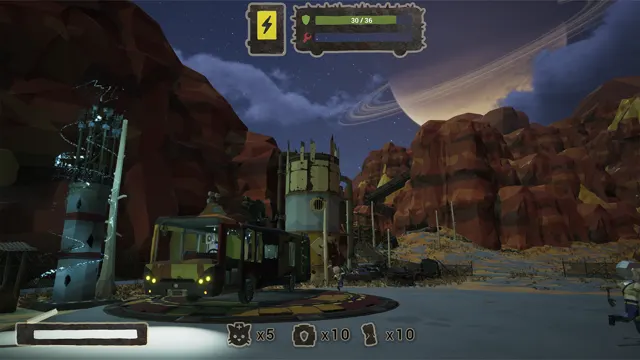 The bus parked beside a wasteland outpost at night, a ringed planet hanging over the red canyons in HOLD MY WHEEL