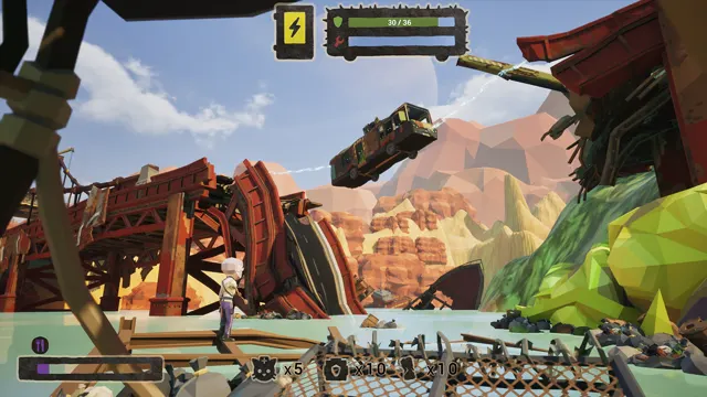 The bus flung across a collapsed bridge by the magnetic gun while a player watches from the road