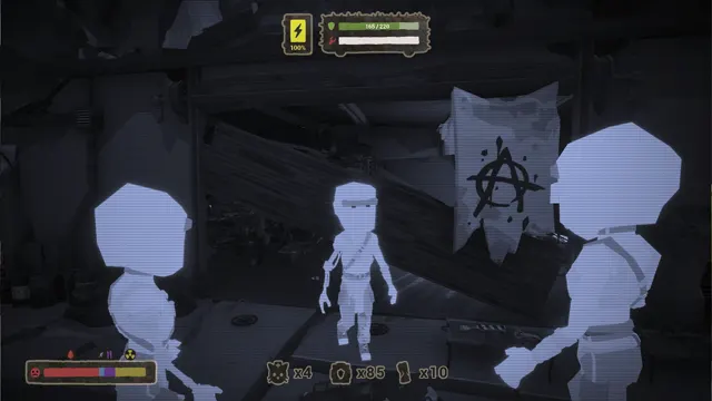 Survivors and a ghost teammate gathered in a dark scrap den under an anarchy tag