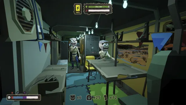 Inside the bus between runs — two teammates around the table in the mobile shelter