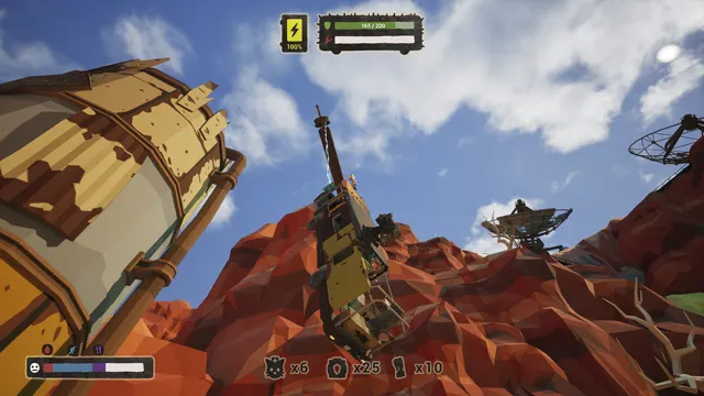 The bus climbing a red rock face past abandoned satellite dishes in broad daylight