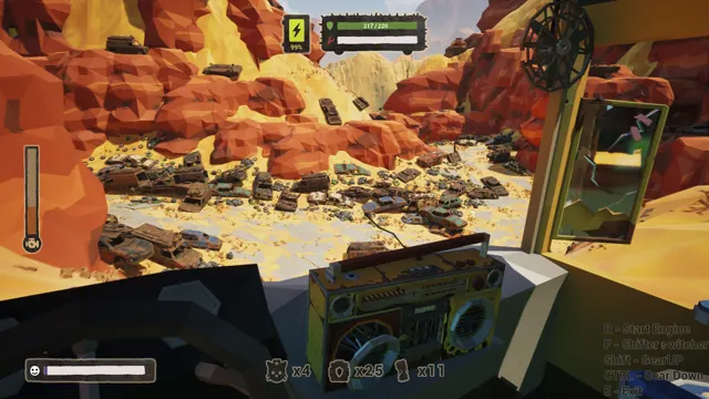 Driver's-seat view across a junkyard field, boombox on the dashboard and scrap scattered to the horizon