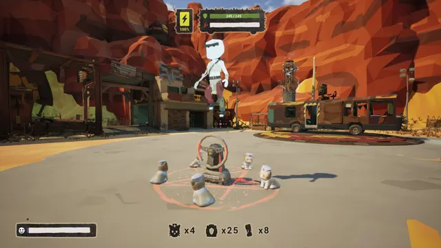 A revival ritual in a wasteland town square while a player hovers overhead on the magnetic gun